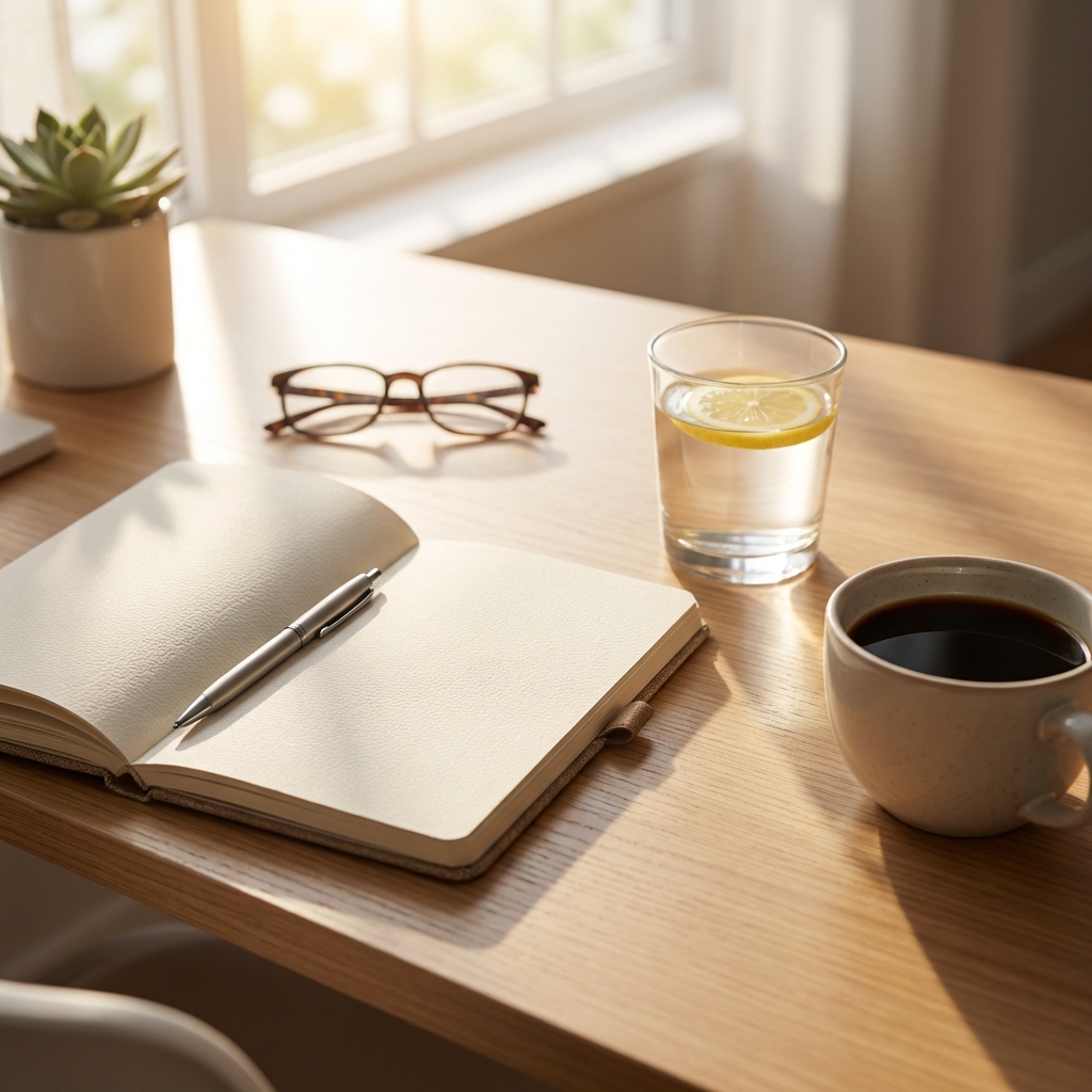 Work desk with coffee and notebook